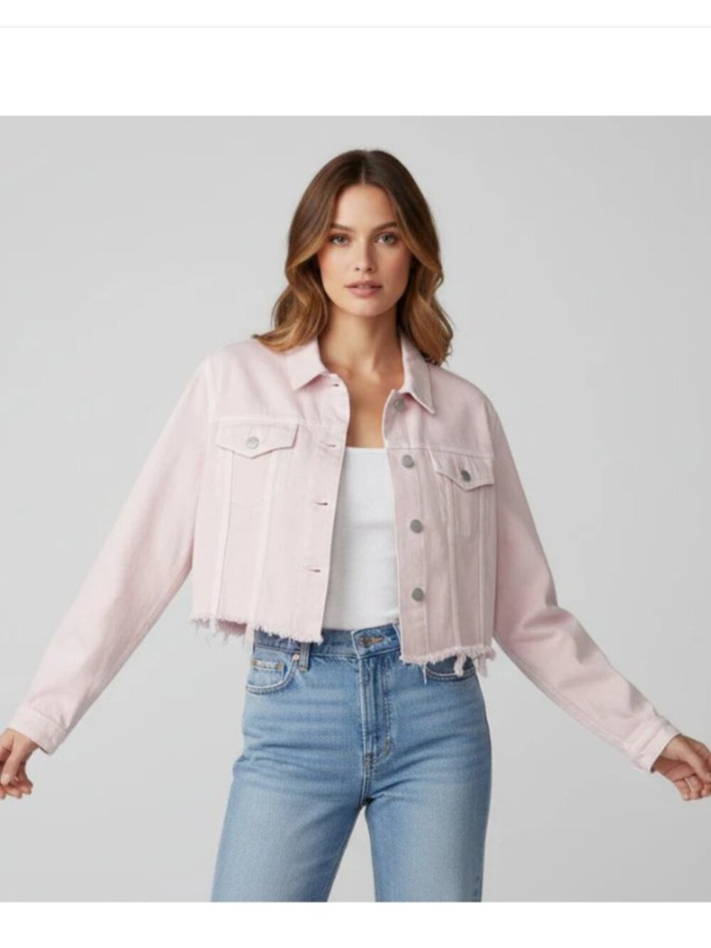 J Brand Pink Cropped Trucker Denim Jacket M Oversized Raw Hem